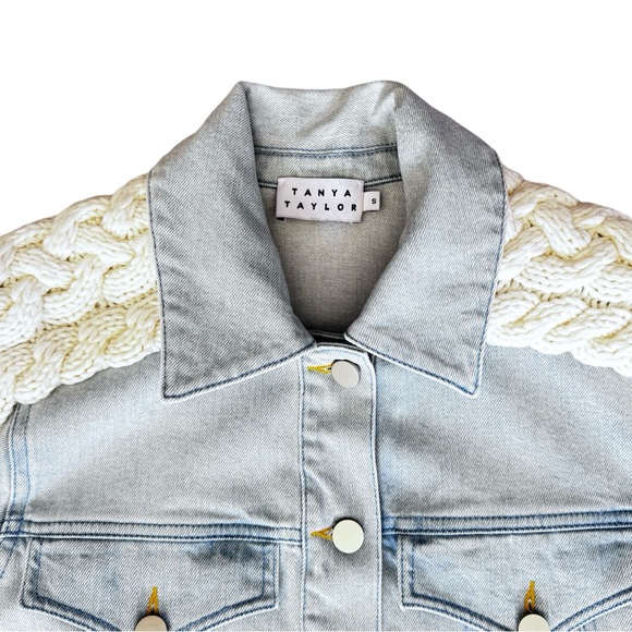 $495 TANYA TAYLOR Percy Denim Jacket with Cable-Knit Trim Sz S - Picture 8 of 11